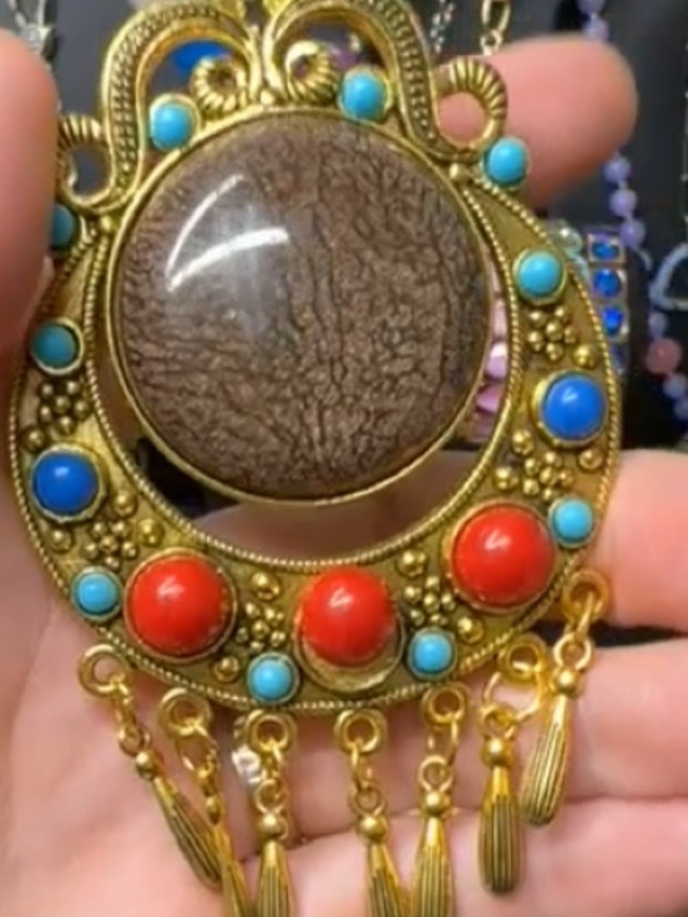 Gold-Tone Bohemian Pendant Necklace with Red and Turquoise Accents